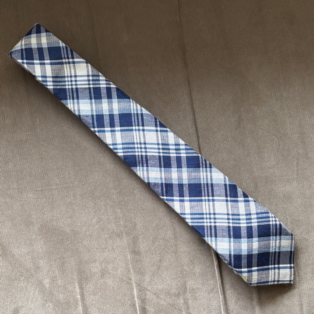 Tommy Hilfiger Navy and White Plaid Silk and Linen Blend Tie